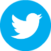 Blue circular icon with white Twitter bird logo inside.